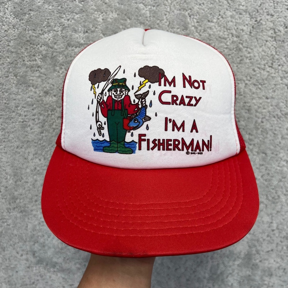 VINTAGE Crazy Fisherman Snapback Hat Cap Red White Mesh Trucker Fishing Funny